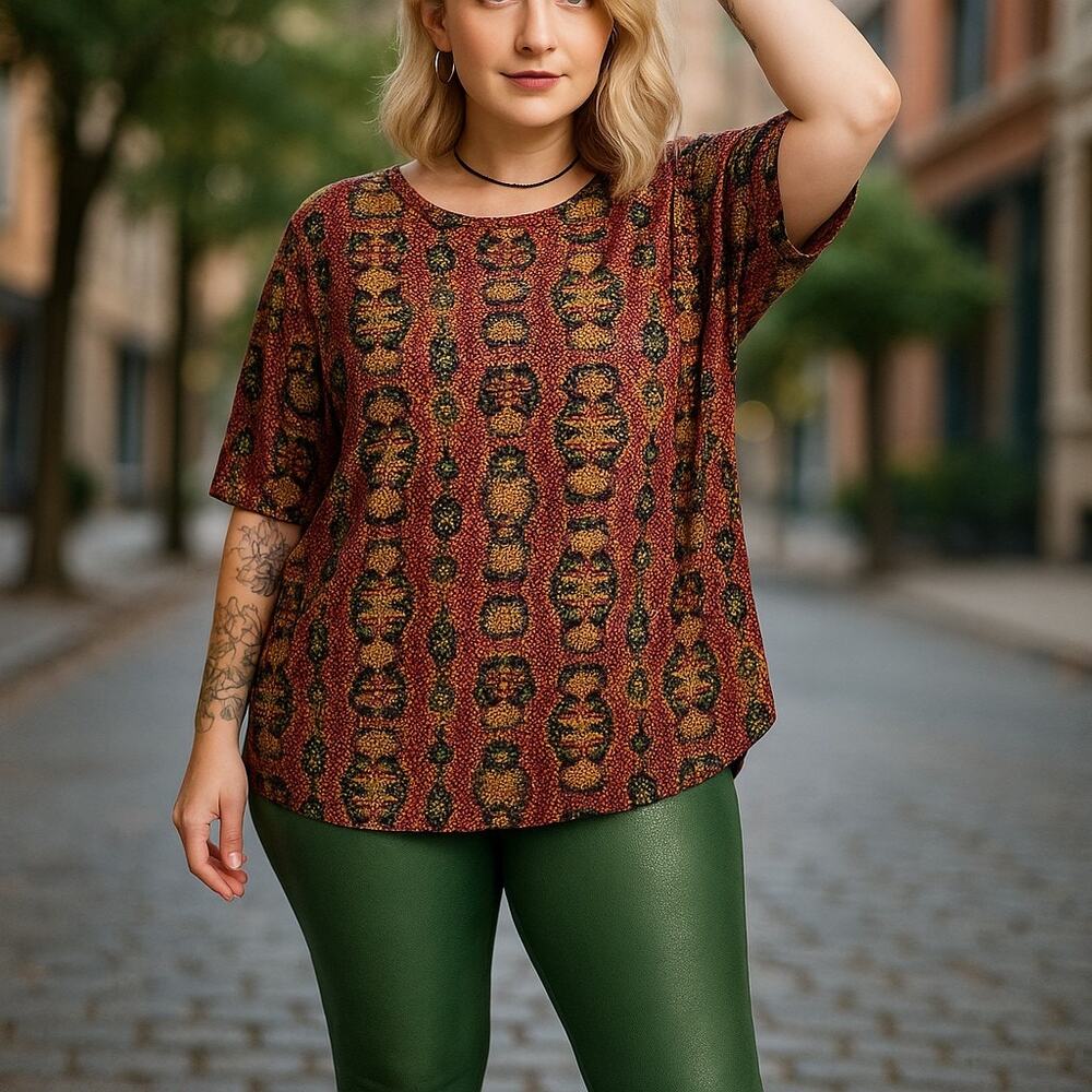 LuLaRoe Womens Top Size S‎ Irma Black Yellow Red Green Tribal Star Tunic NEW